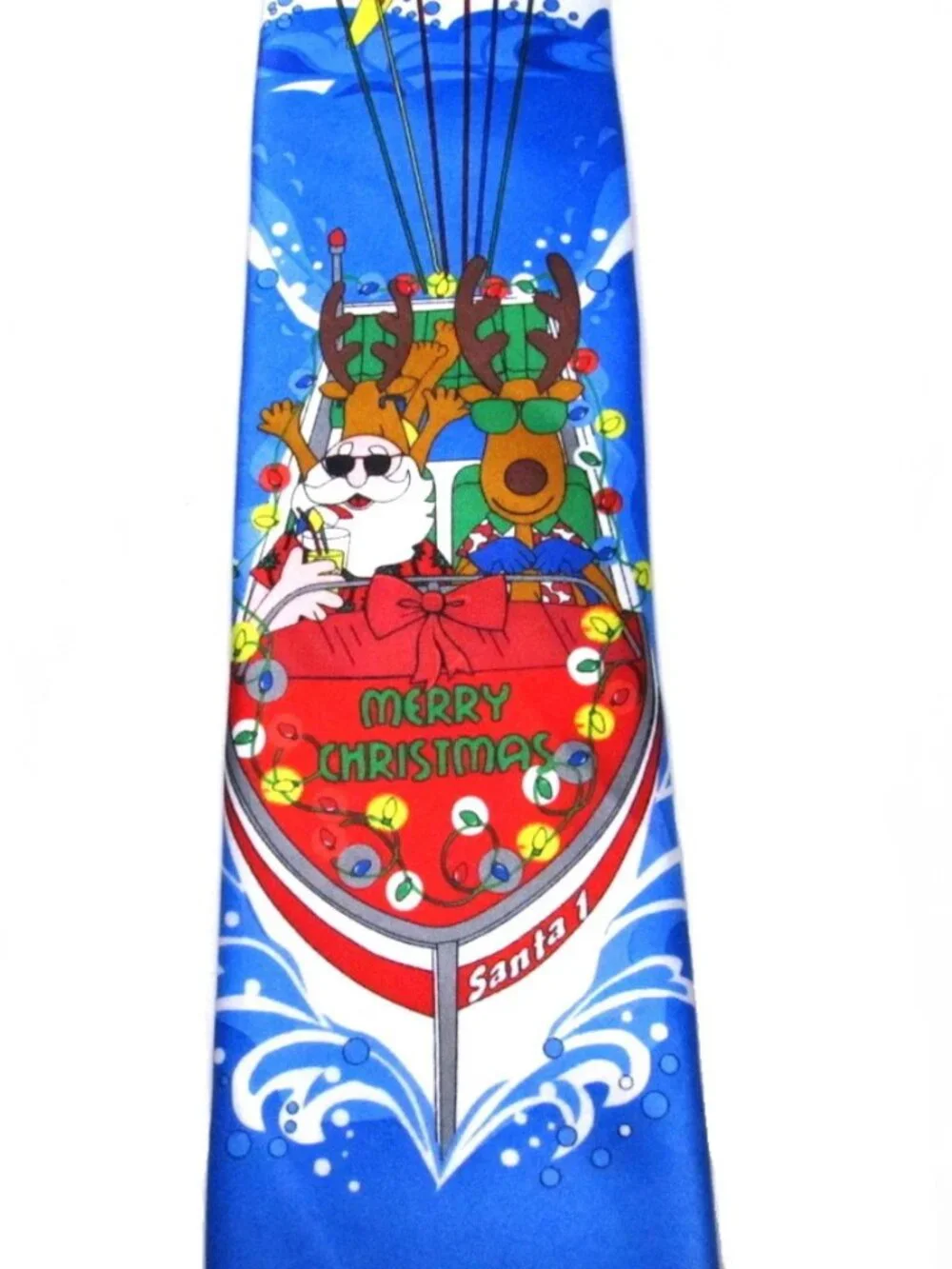 Hallmark Christmas Men's Tie Blue Speedboat Santa Skiing Reindeer Holiday